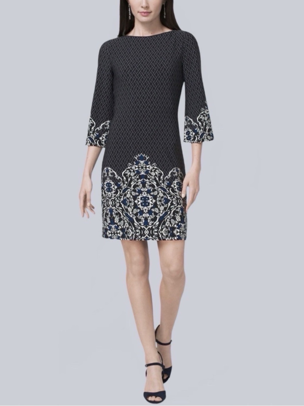 WHBM Black Print Mini Shift Dress Open Scoop Back Petite Small